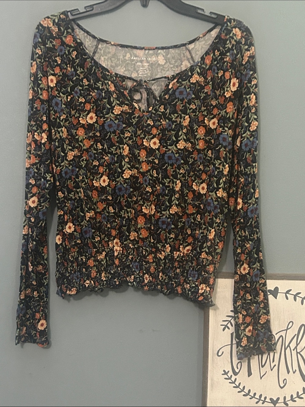 American Eagle Outfitters NWOT Black Floral Long-Sleeve Smocked hem Peasant Top